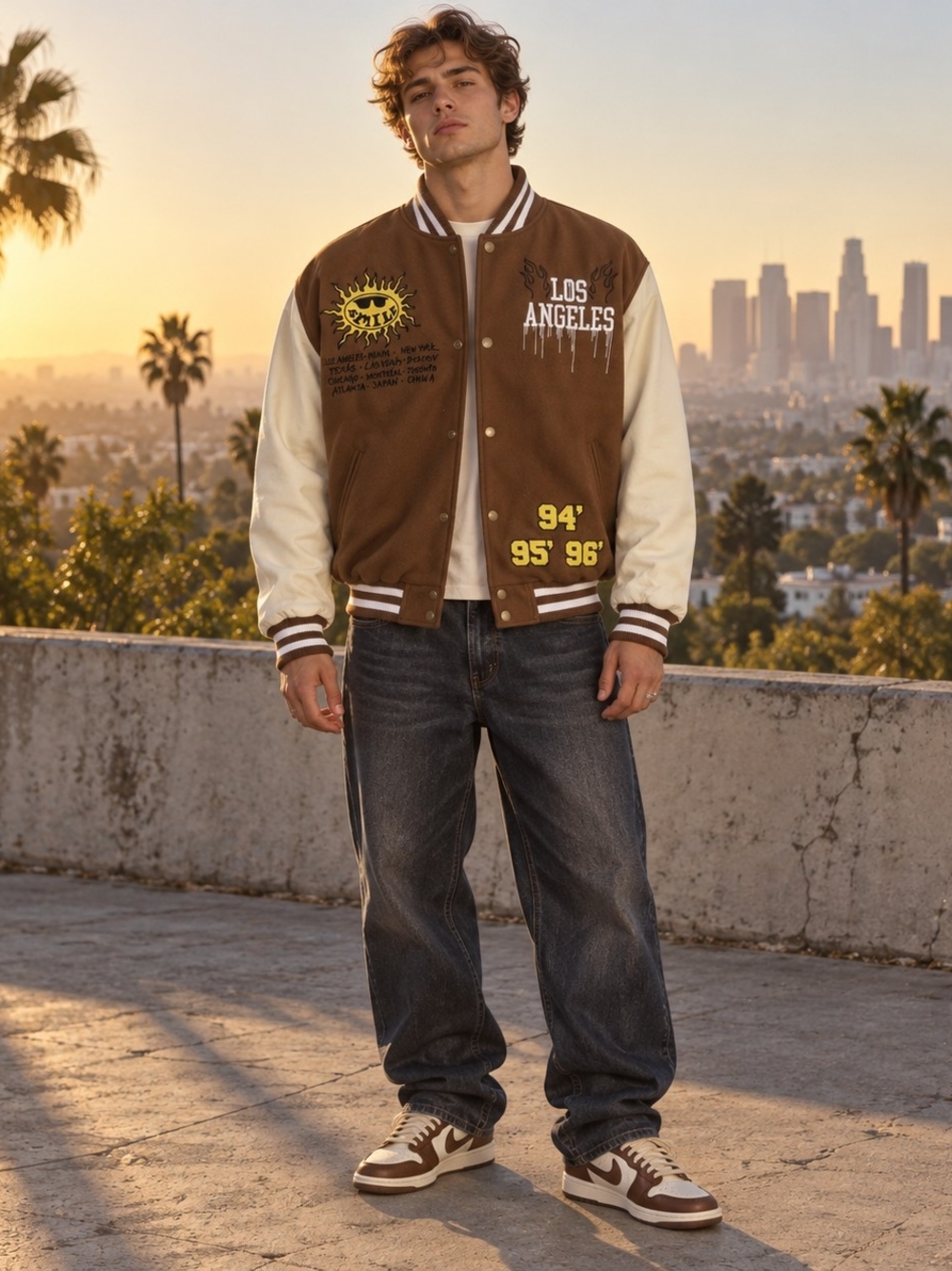 PacSun Brown Varsity Jacket Los Angeles Embroidered Graphic Bomber Size Large